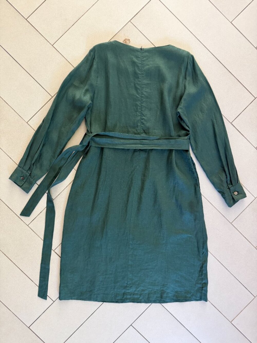 Grae Cove Emerald Green Tie Waist Linen Dress Large - Picture 5 of 8